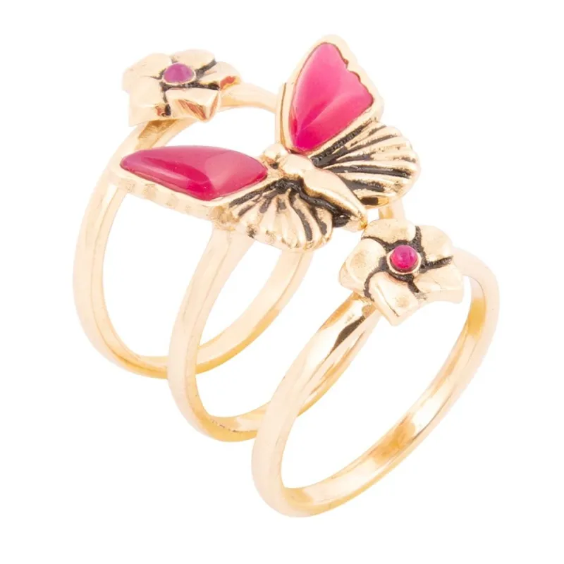 Pink Fuchsia Agate Golden Butterflies Triple Ring Set sold by Barse