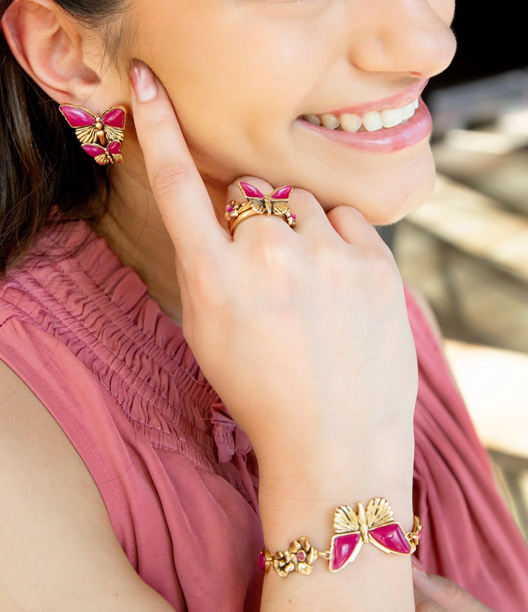Pink Fuchsia Agate Golden Butterflies Triple Ring Set sold by Barse product image thumbnail 2