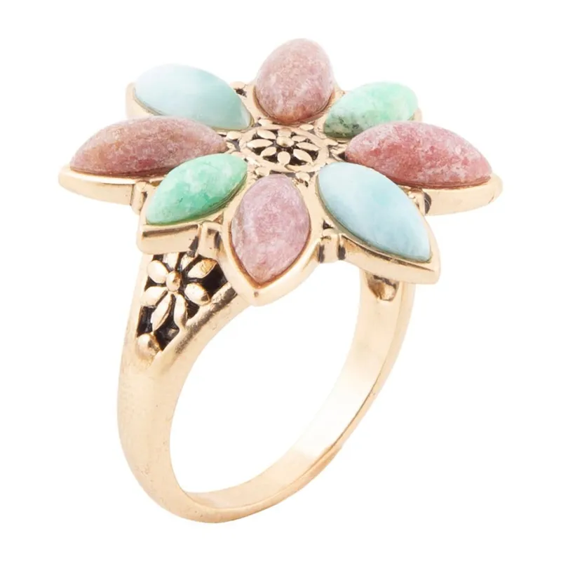 Pink Rhodonite Blue Amazonite and Green Varacite Petals Golden Statement Ring sold by Barse