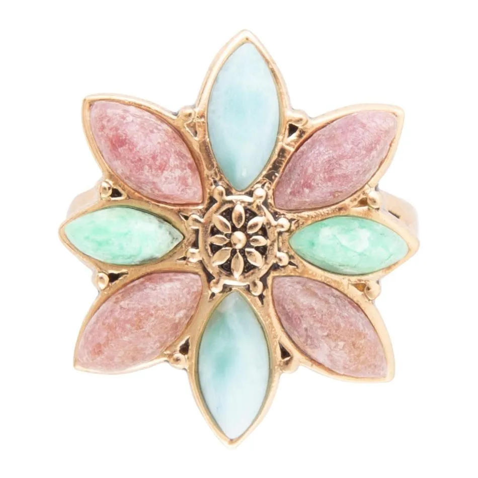Pink Rhodonite Blue Amazonite and Green Varacite Petals Golden Statement Ring sold by Barse product image thumbnail 3