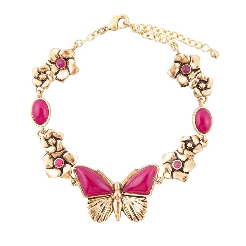 Pink Fuchsia Agate Golden Butterflies Adjustable Bracelet sold by Barse