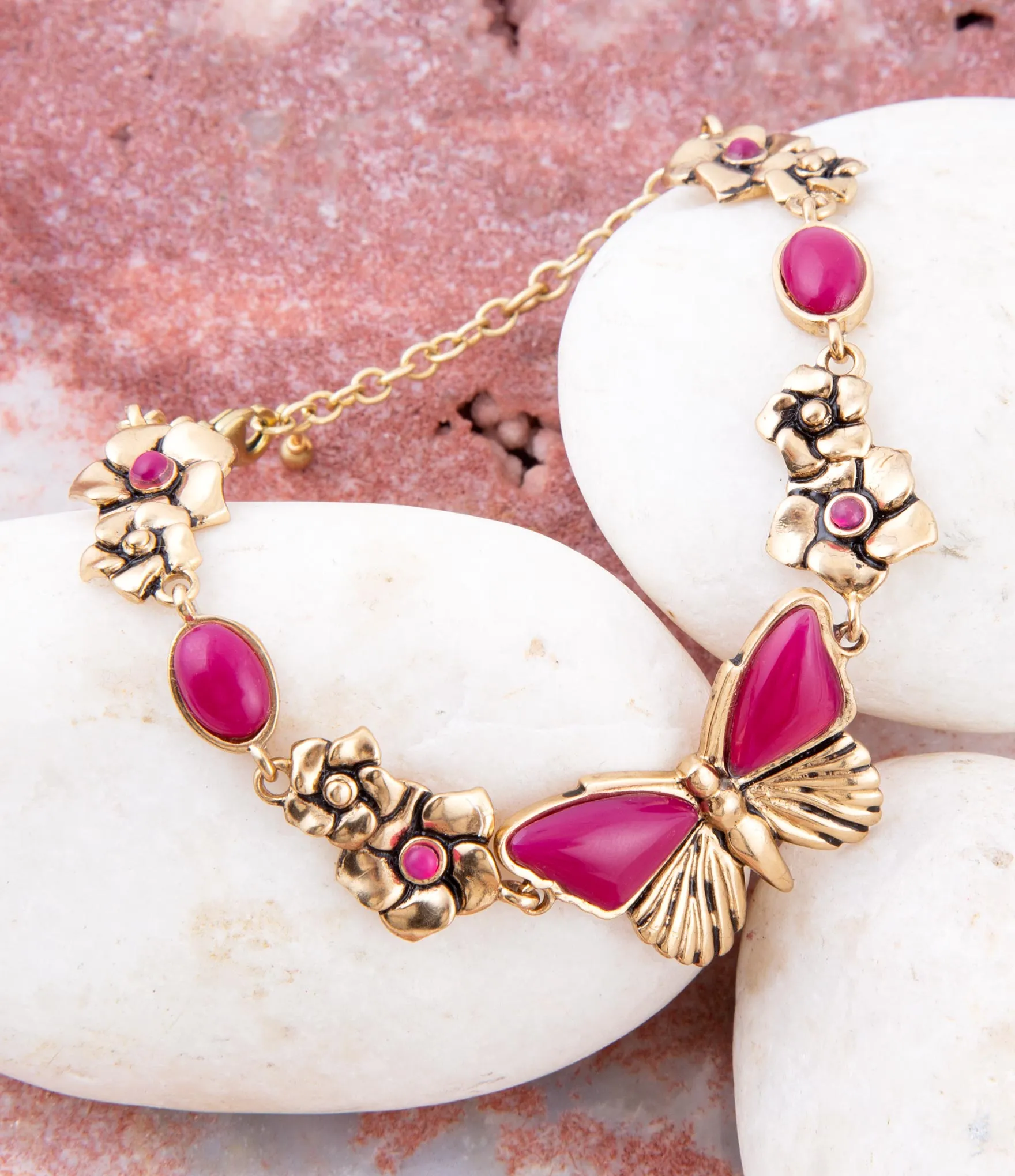 Pink Fuchsia Agate Golden Butterflies Adjustable Bracelet sold by Barse product image thumbnail 3