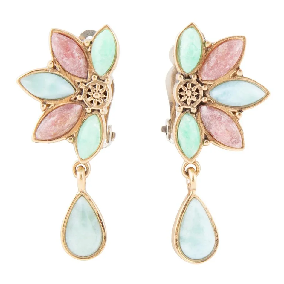 Pink Rhodonite Blue Amazonite and Varacite Petals Golden Clip Earrings sold by Barse