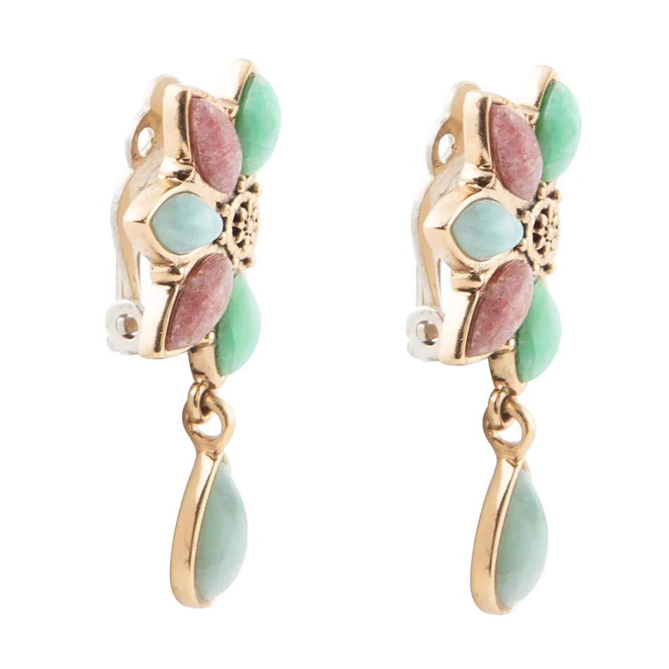 Pink Rhodonite Blue Amazonite and Varacite Petals Golden Clip Earrings sold by Barse product image thumbnail 4