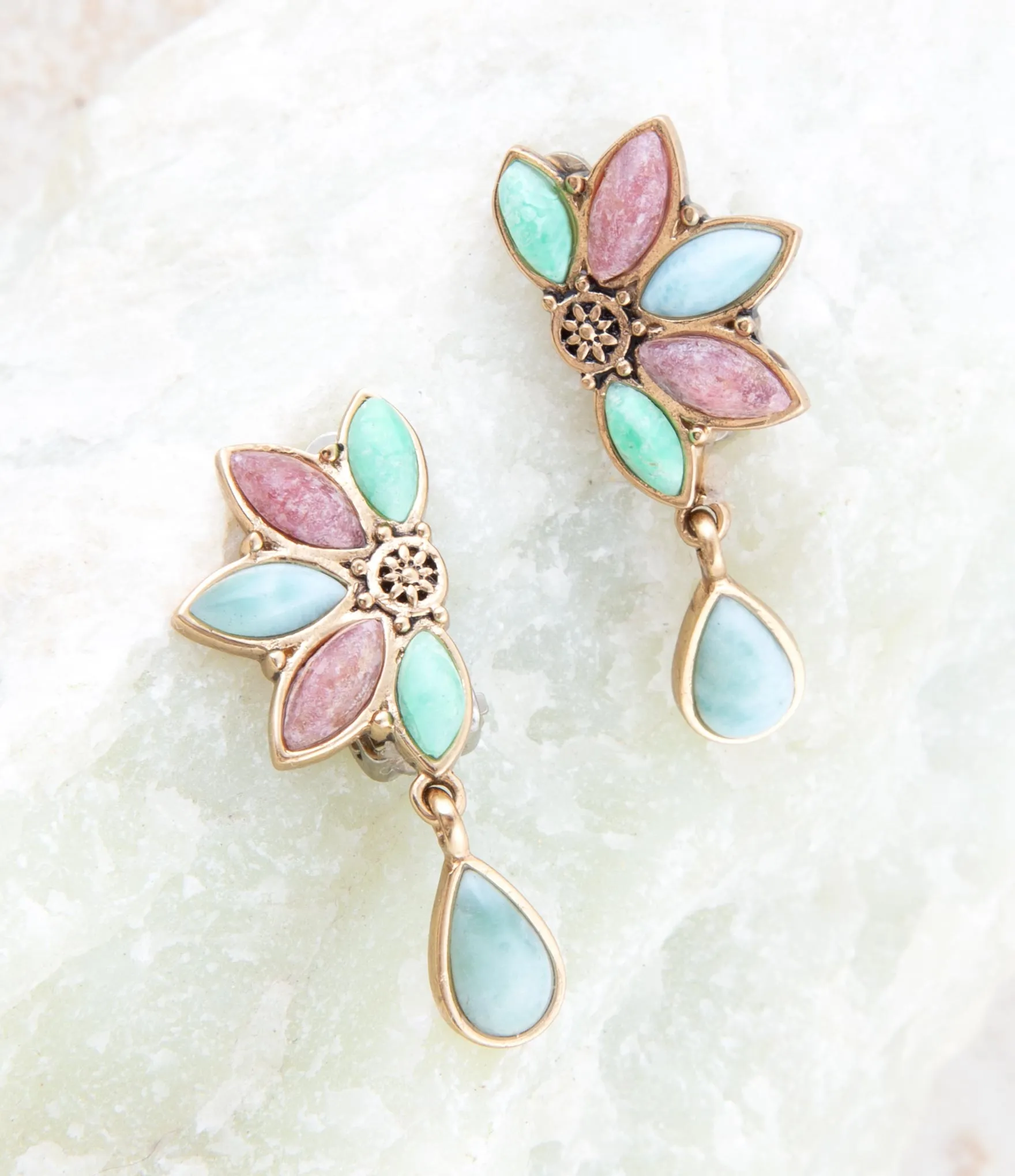 Pink Rhodonite Blue Amazonite and Varacite Petals Golden Clip Earrings sold by Barse product image thumbnail 2