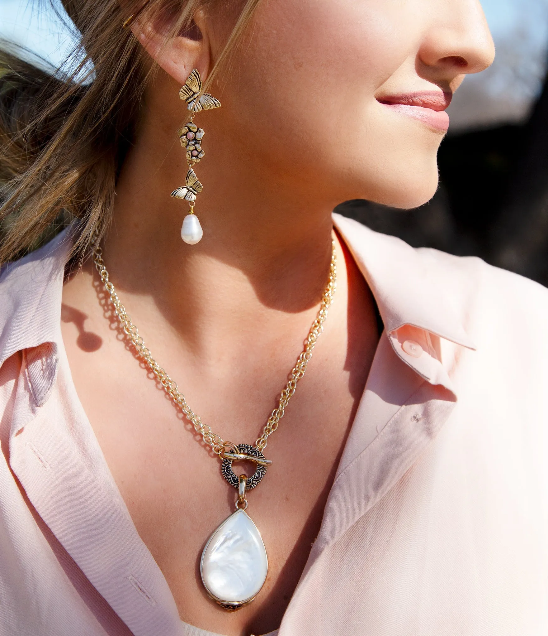 Rhodonite and White Pearl Golden Butterflies Post Drop Earrings sold by Barse product image thumbnail 2