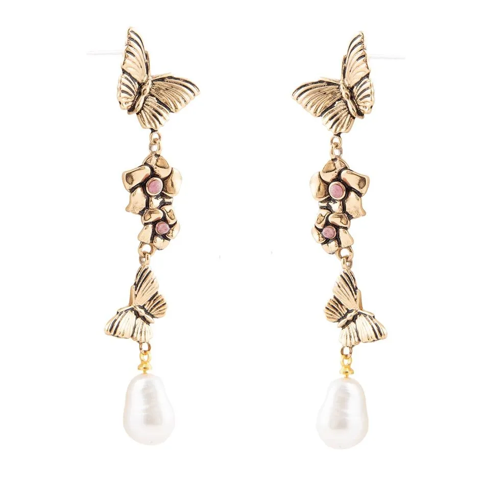 Rhodonite and White Pearl Golden Butterflies Post Drop Earrings sold by Barse product image thumbnail 4