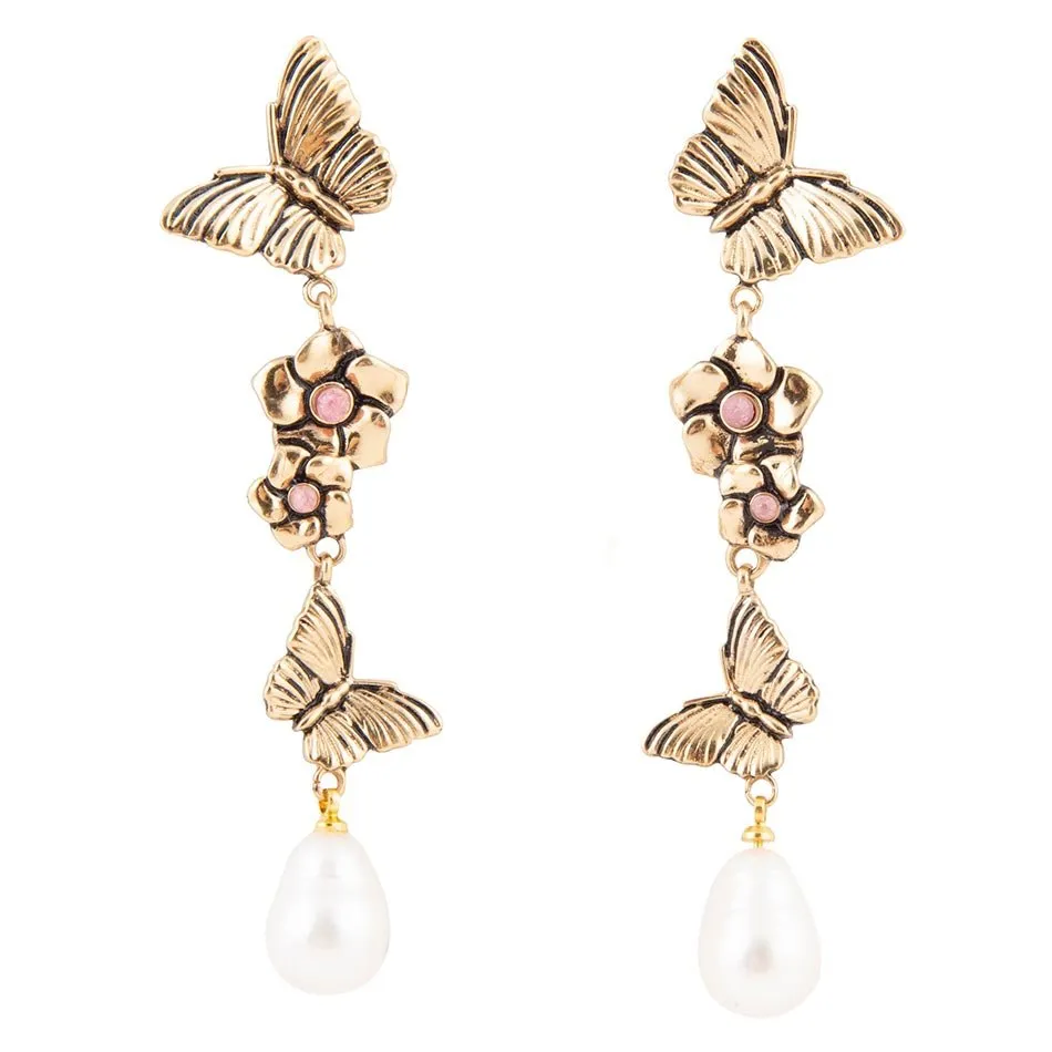 Rhodonite and White Pearl Golden Butterflies Post Drop Earrings sold by Barse