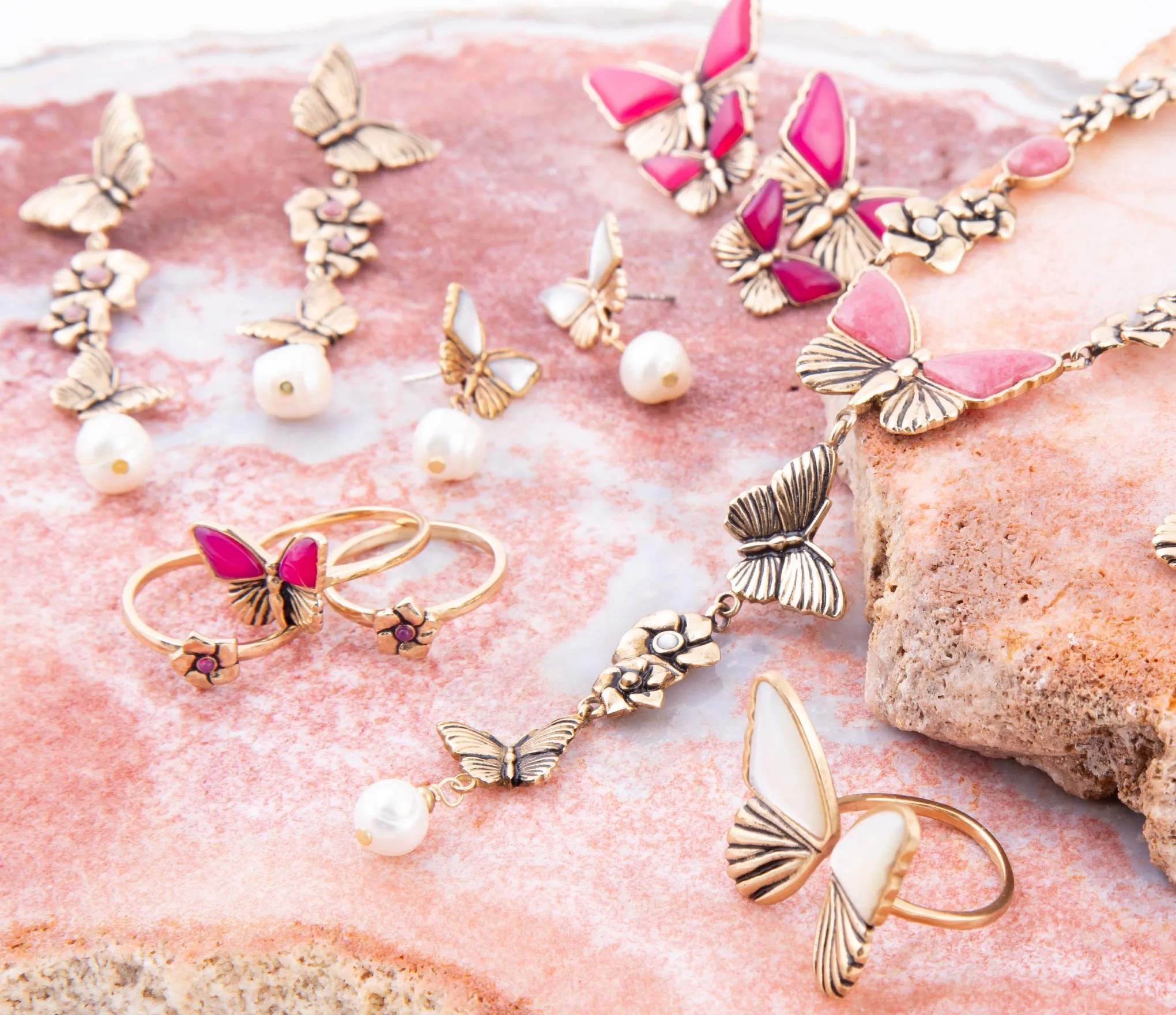 Rhodonite and White Pearl Golden Butterflies Post Drop Earrings sold by Barse product image thumbnail 5