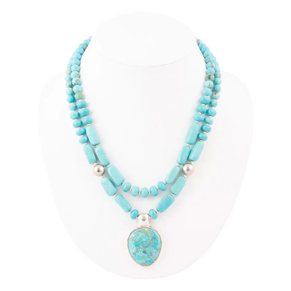 Double Stranded Blue Turquoise Sterling Silver Statement Pendant Necklace sold by Barse product image thumbnail 3
