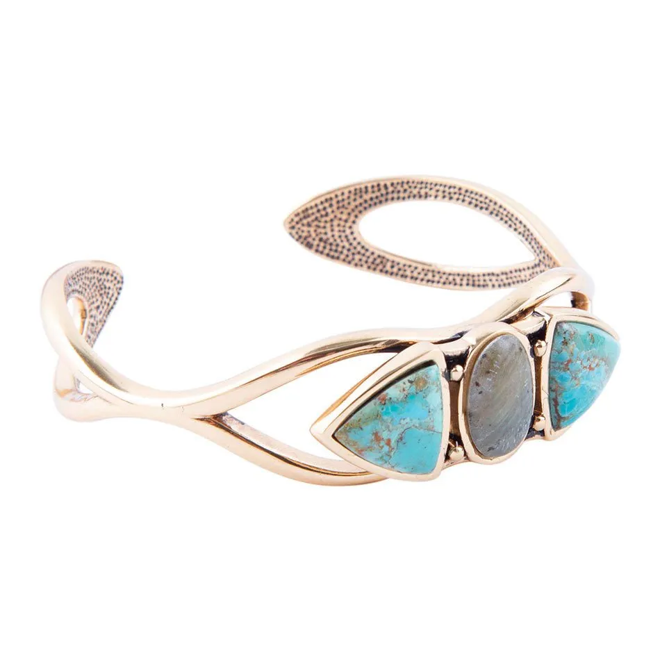 Gray Labradorite and Blue Turquoise Golden Cuff Bracelet sold by Barse