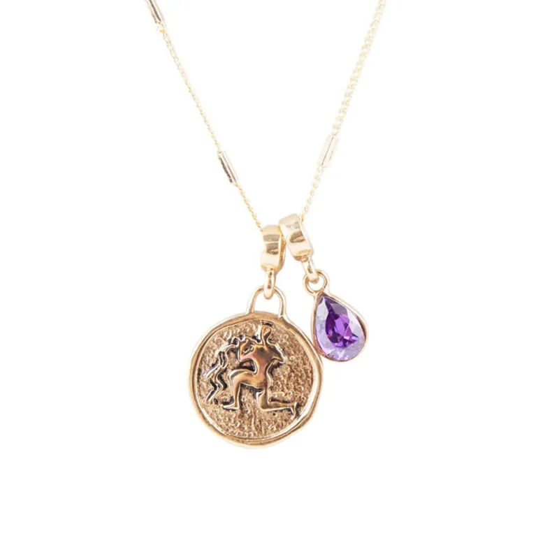 Aquarius - Zodiac Purple Amethyst Golden Charm Necklace sold by Barse