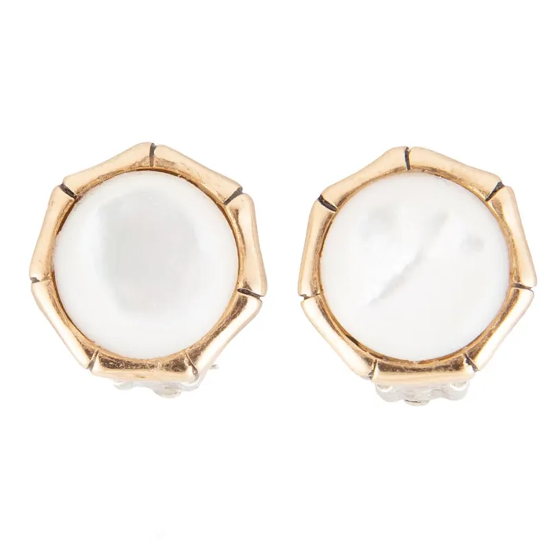 White Mother of Pearl Golden Bamboo Clip Earrings sold by Barse