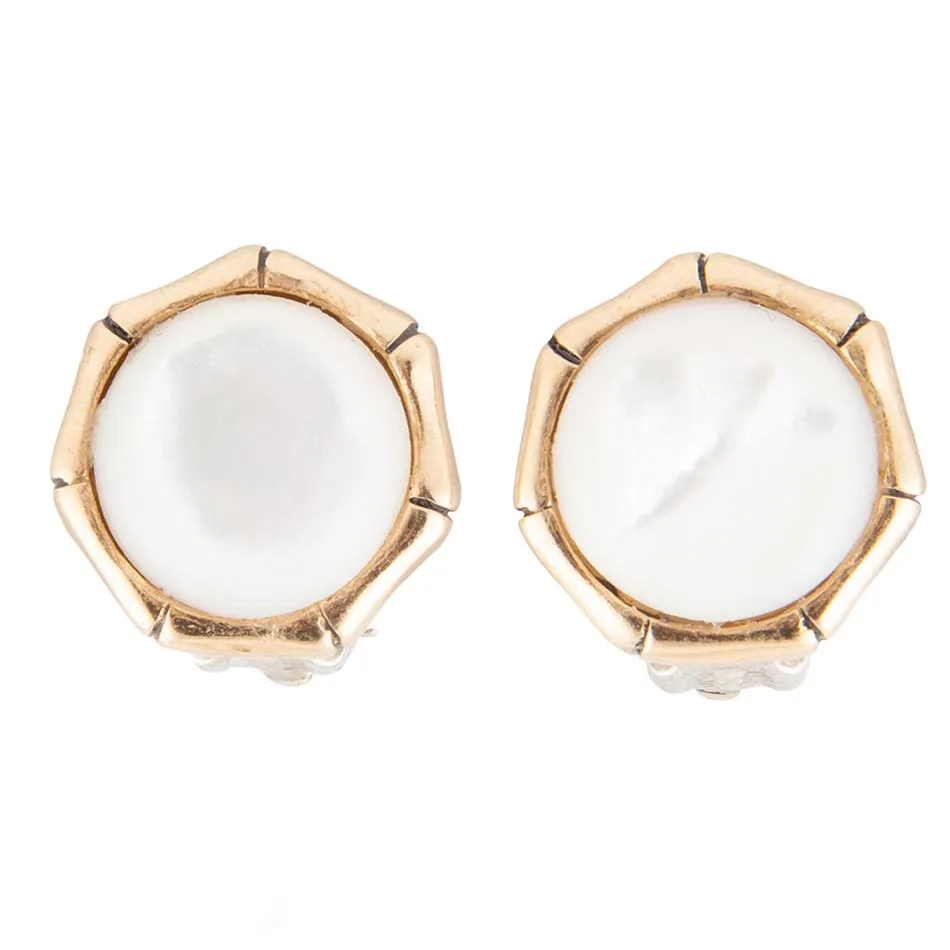 White Mother of Pearl Golden Bamboo Clip Earrings sold by Barse