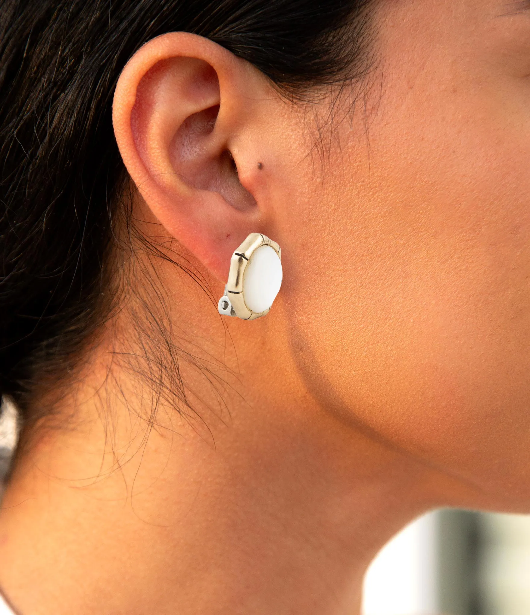 White Mother of Pearl Golden Bamboo Clip Earrings sold by Barse product image thumbnail 2
