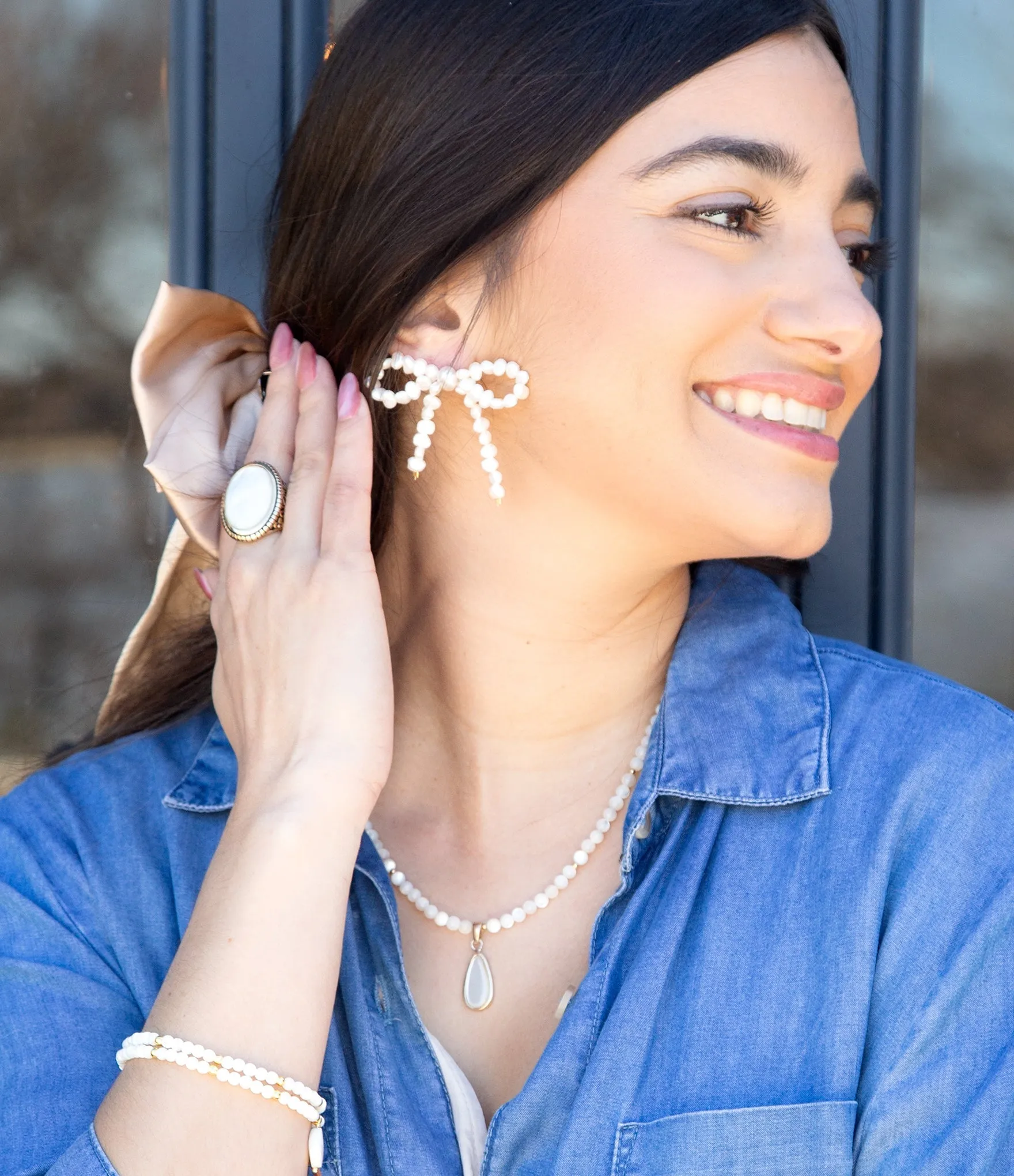 Freshwater White Pearl Bow Post Earrings sold by Barse product image thumbnail 2