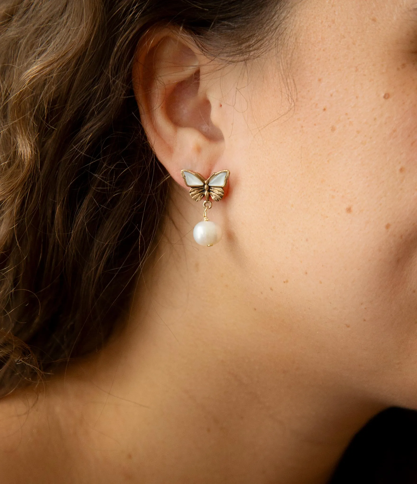 White Mother of Pearl Golden Butterflies Post Drop Earrings sold by Barse product image thumbnail 2