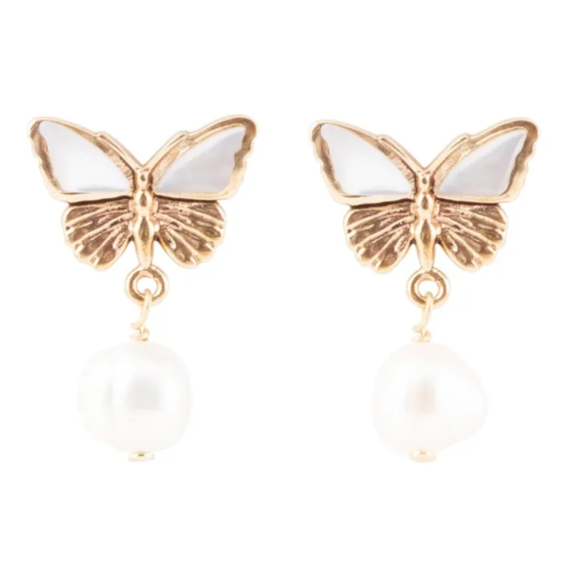 White Mother of Pearl Golden Butterflies Post Drop Earrings sold by Barse