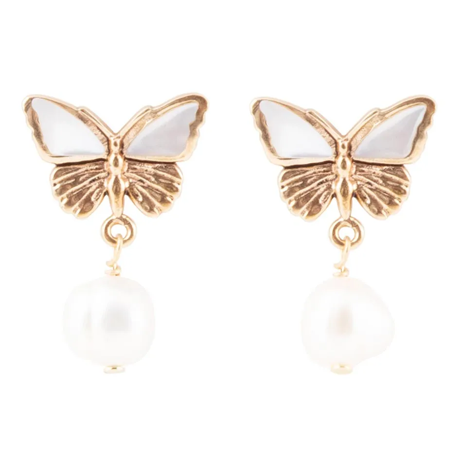 White Mother of Pearl Golden Butterflies Post Drop Earrings sold by Barse
