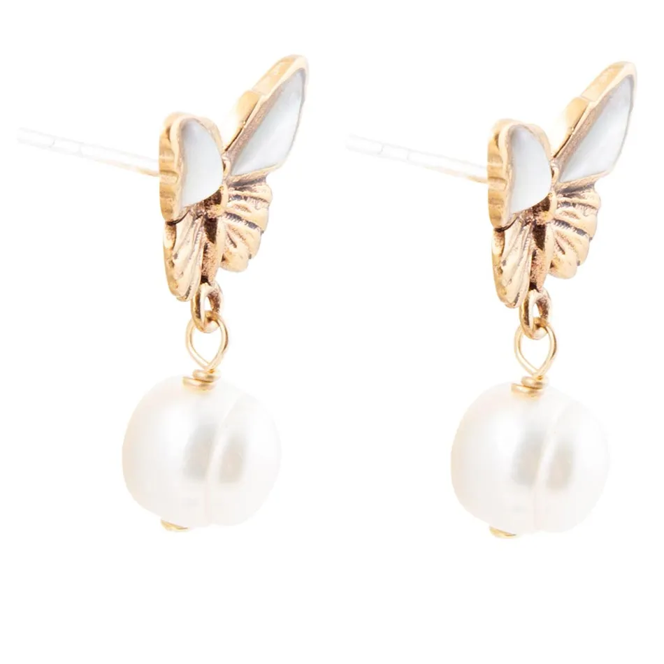White Mother of Pearl Golden Butterflies Post Drop Earrings sold by Barse product image thumbnail 4
