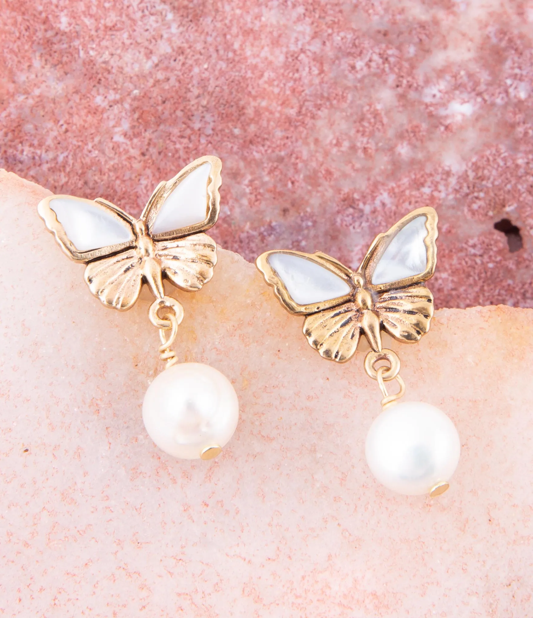 White Mother of Pearl Golden Butterflies Post Drop Earrings sold by Barse product image thumbnail 3