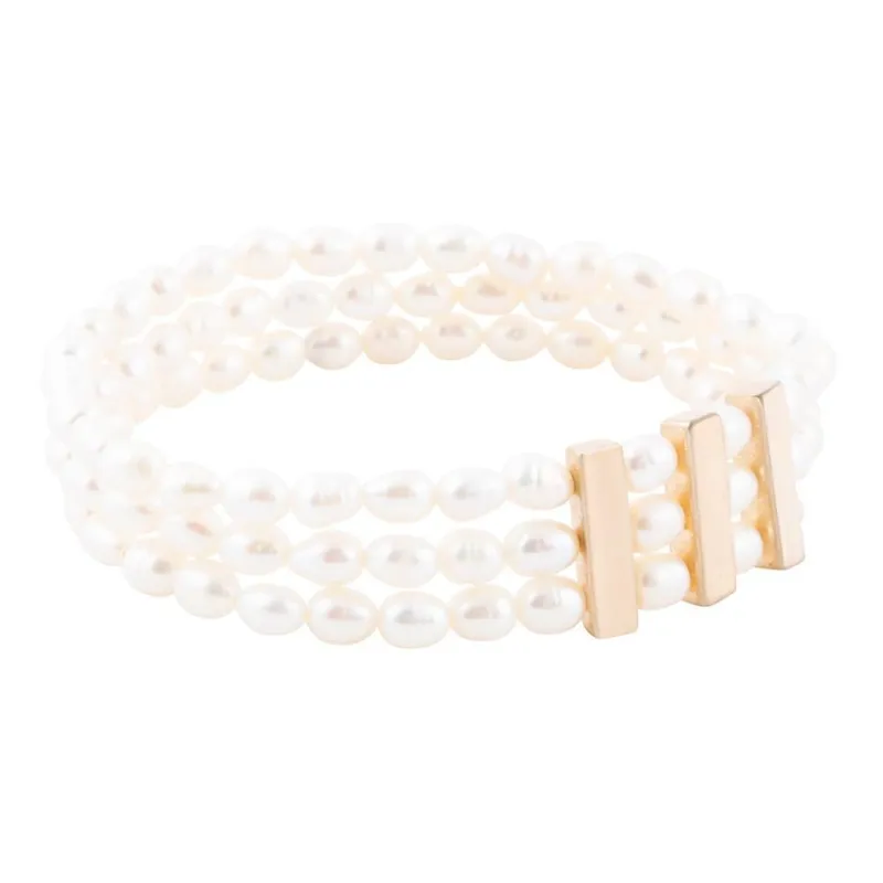 Triple Freshwater White Pearl Classic Golden Stretch Bracelet sold by Barse