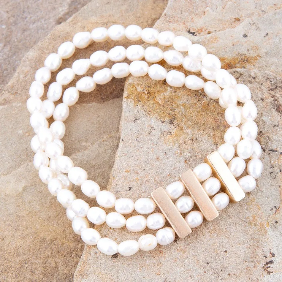 Triple Freshwater White Pearl Classic Golden Stretch Bracelet sold by Barse product image thumbnail 5
