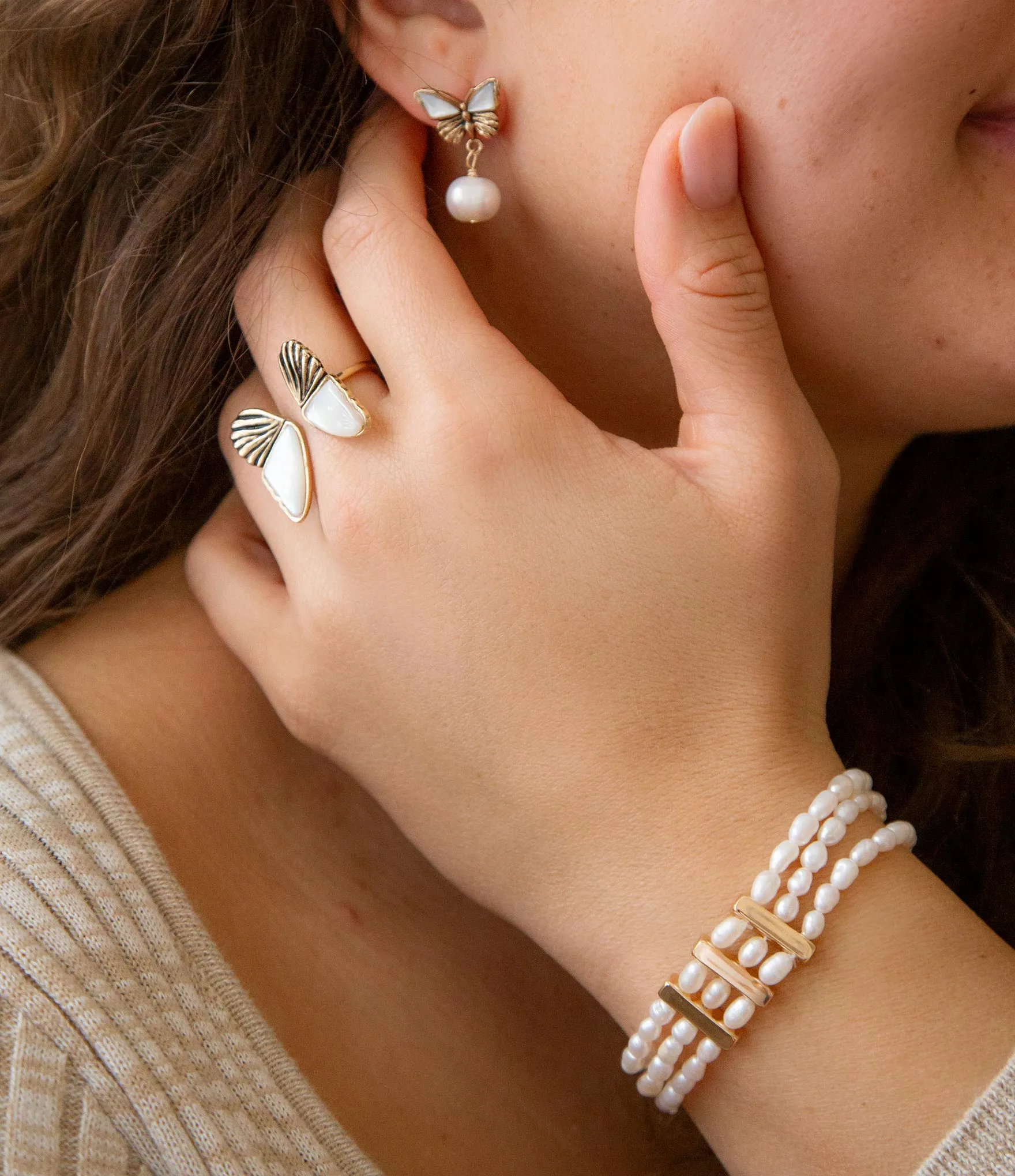 Triple Freshwater White Pearl Classic Golden Stretch Bracelet sold by Barse product image thumbnail 3