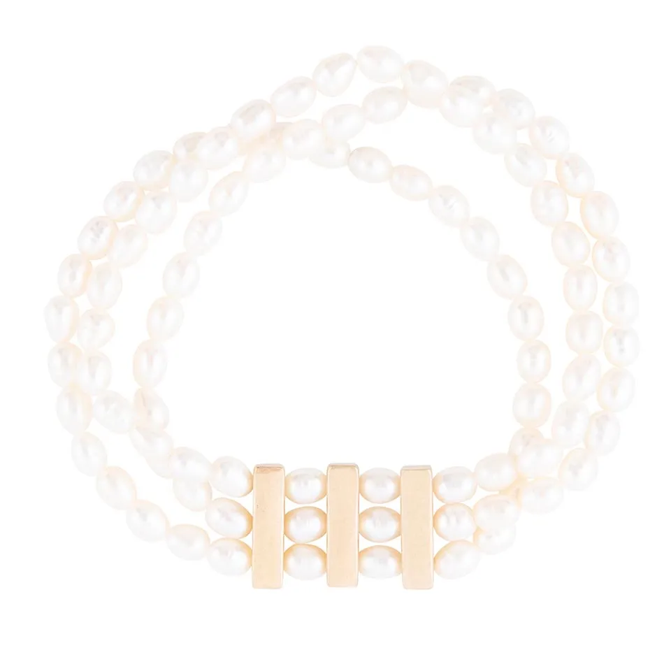 Triple Freshwater White Pearl Classic Golden Stretch Bracelet sold by Barse product image thumbnail 4