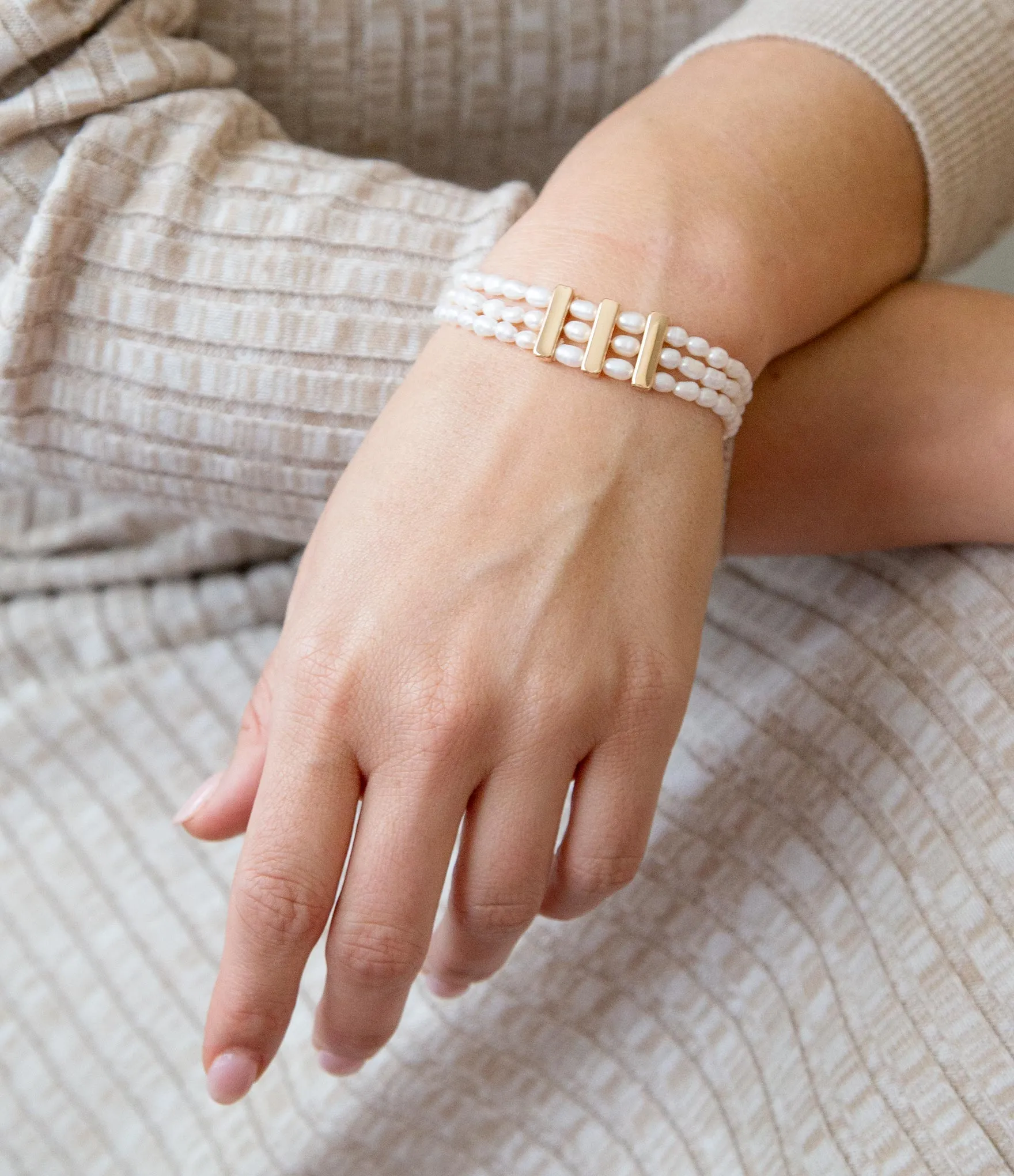 Triple Freshwater White Pearl Classic Golden Stretch Bracelet sold by Barse product image thumbnail 2