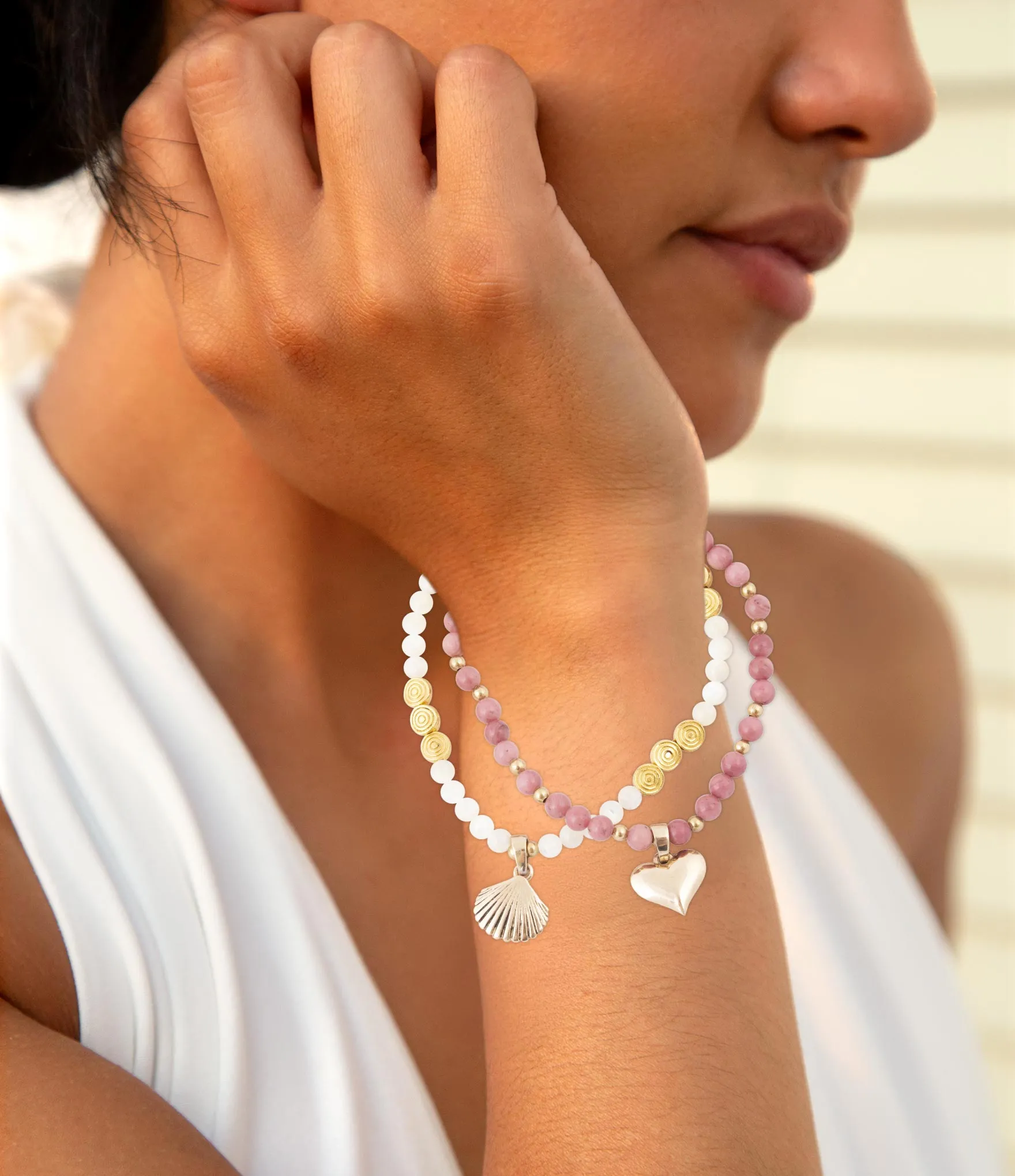 Pink Rhodonite and White Pearl Golden Heart Charm Bracelet Set sold by Barse product image thumbnail 2