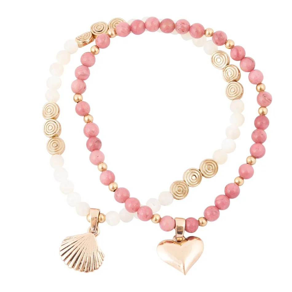 Pink Rhodonite and White Pearl Golden Heart Charm Bracelet Set sold by Barse