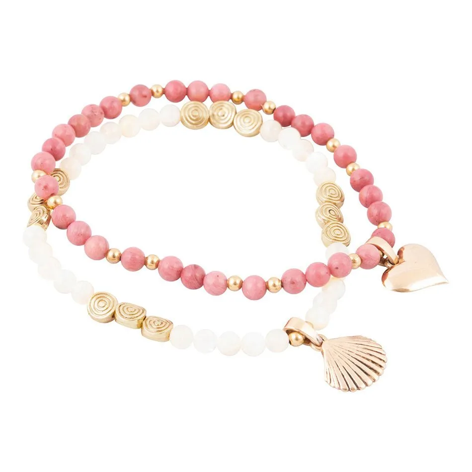Pink Rhodonite and White Pearl Golden Heart Charm Bracelet Set sold by Barse product image thumbnail 4