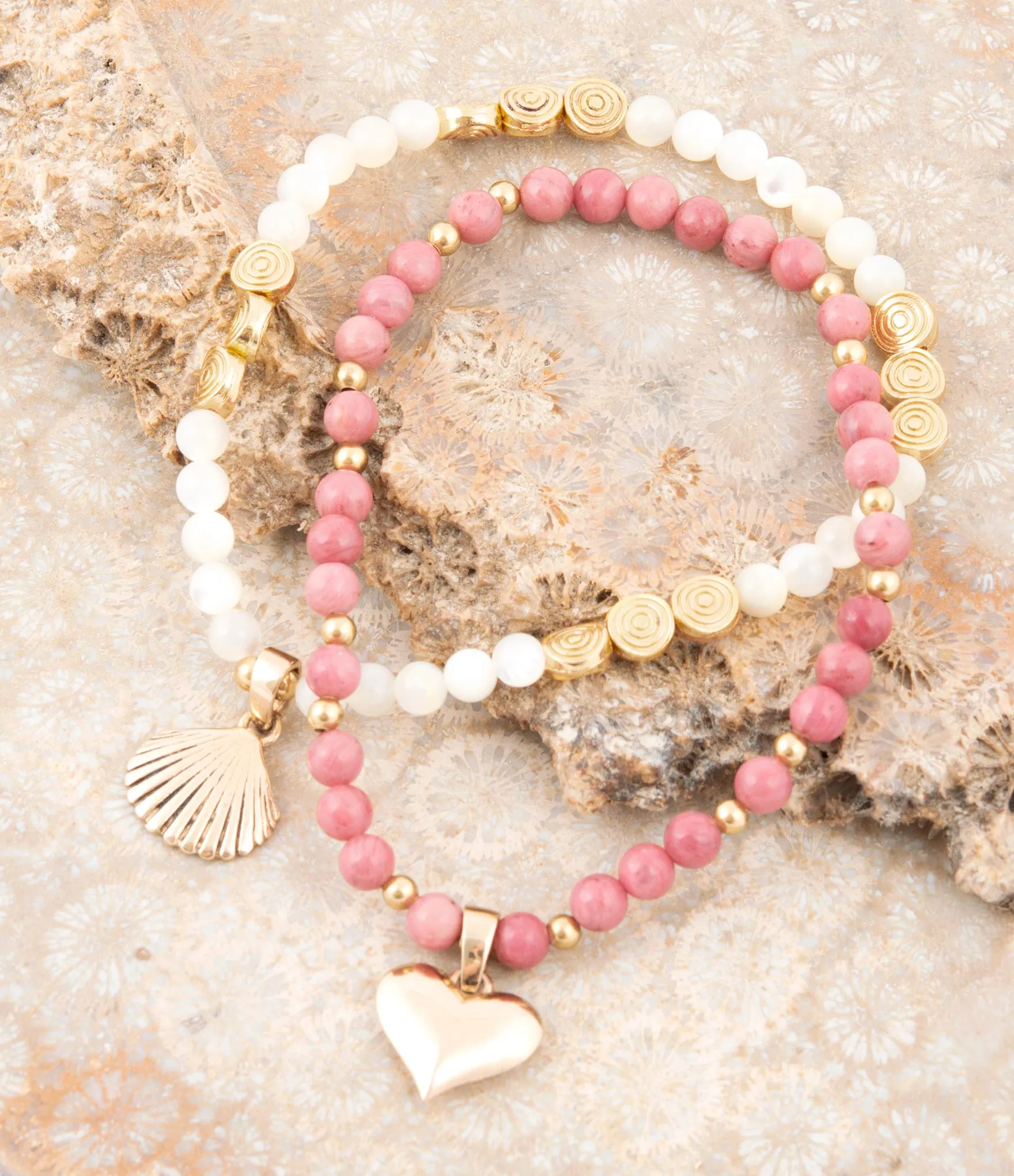 Pink Rhodonite and White Pearl Golden Heart Charm Bracelet Set sold by Barse product image thumbnail 3