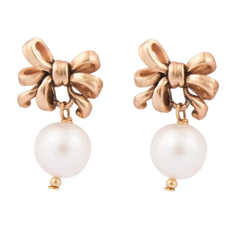 Gifted Freshwater Pearl Bow Golden Drop Earrings sold by Barse