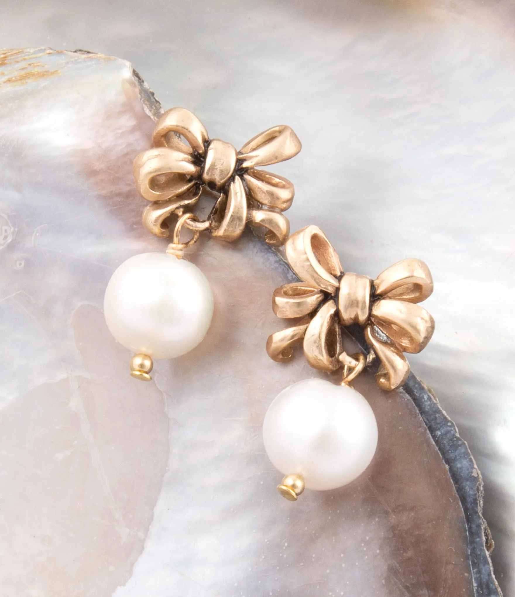 Gifted Freshwater Pearl Bow Golden Drop Earrings sold by Barse product image thumbnail 2