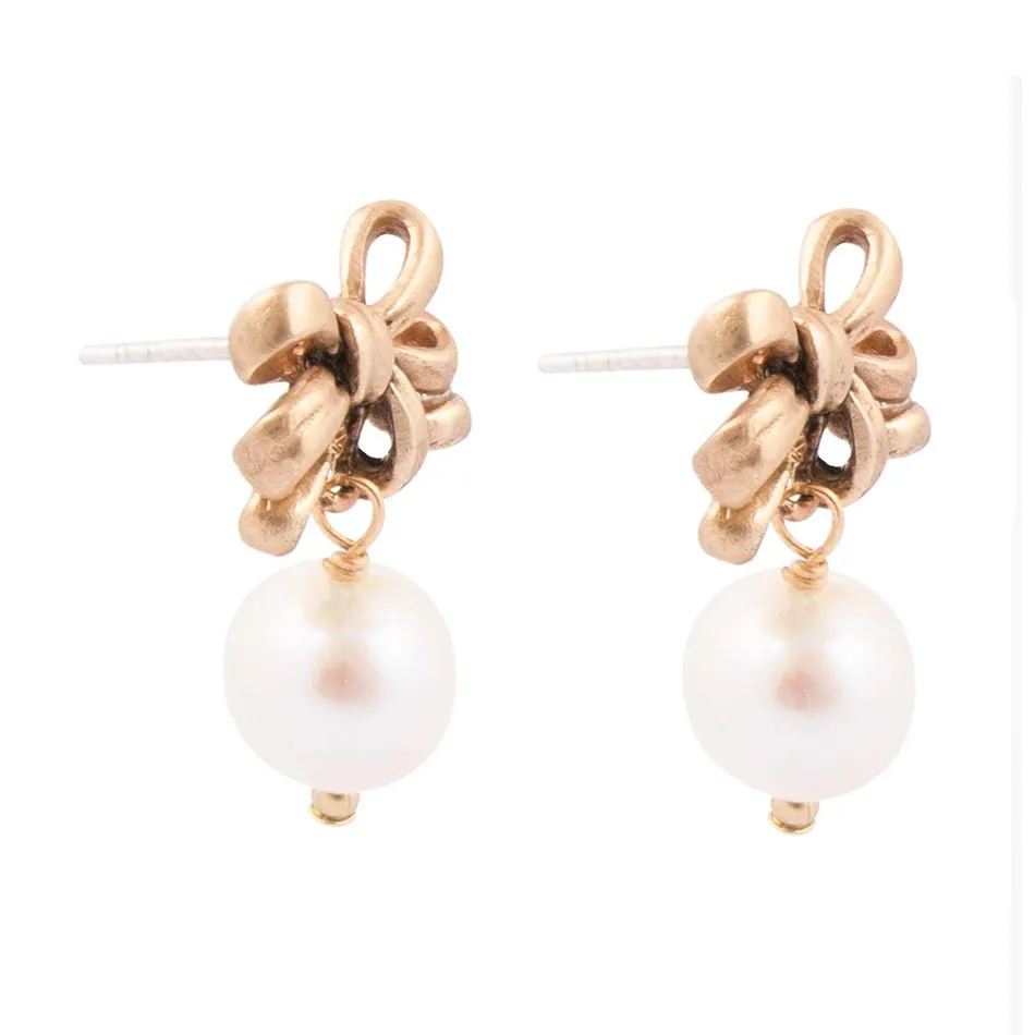 Gifted Freshwater Pearl Bow Golden Drop Earrings sold by Barse product image thumbnail 4
