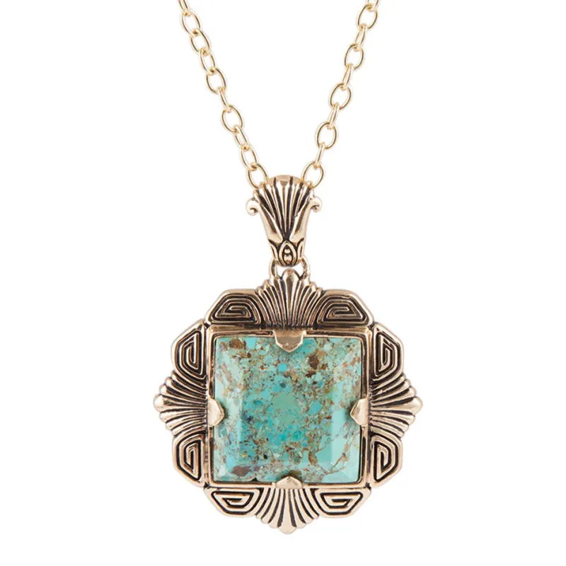 Blue Turquoise Square Golden Pendant Necklace sold by Barse