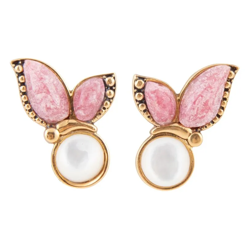 Pink Rhodonite and White Mother of Pearl Golden Butterflies Post Earrings sold by Barse