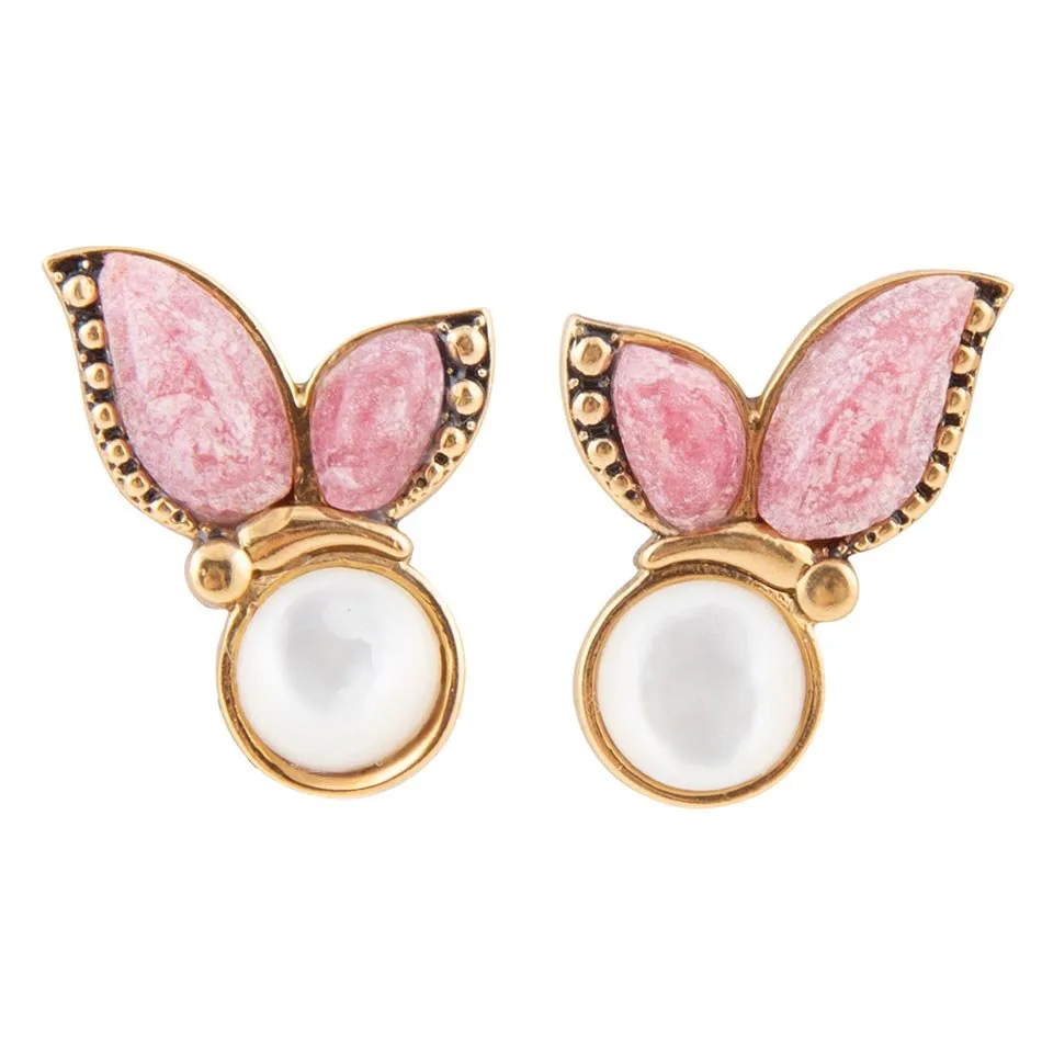 Pink Rhodonite and White Mother of Pearl Golden Butterflies Post Earrings sold by Barse