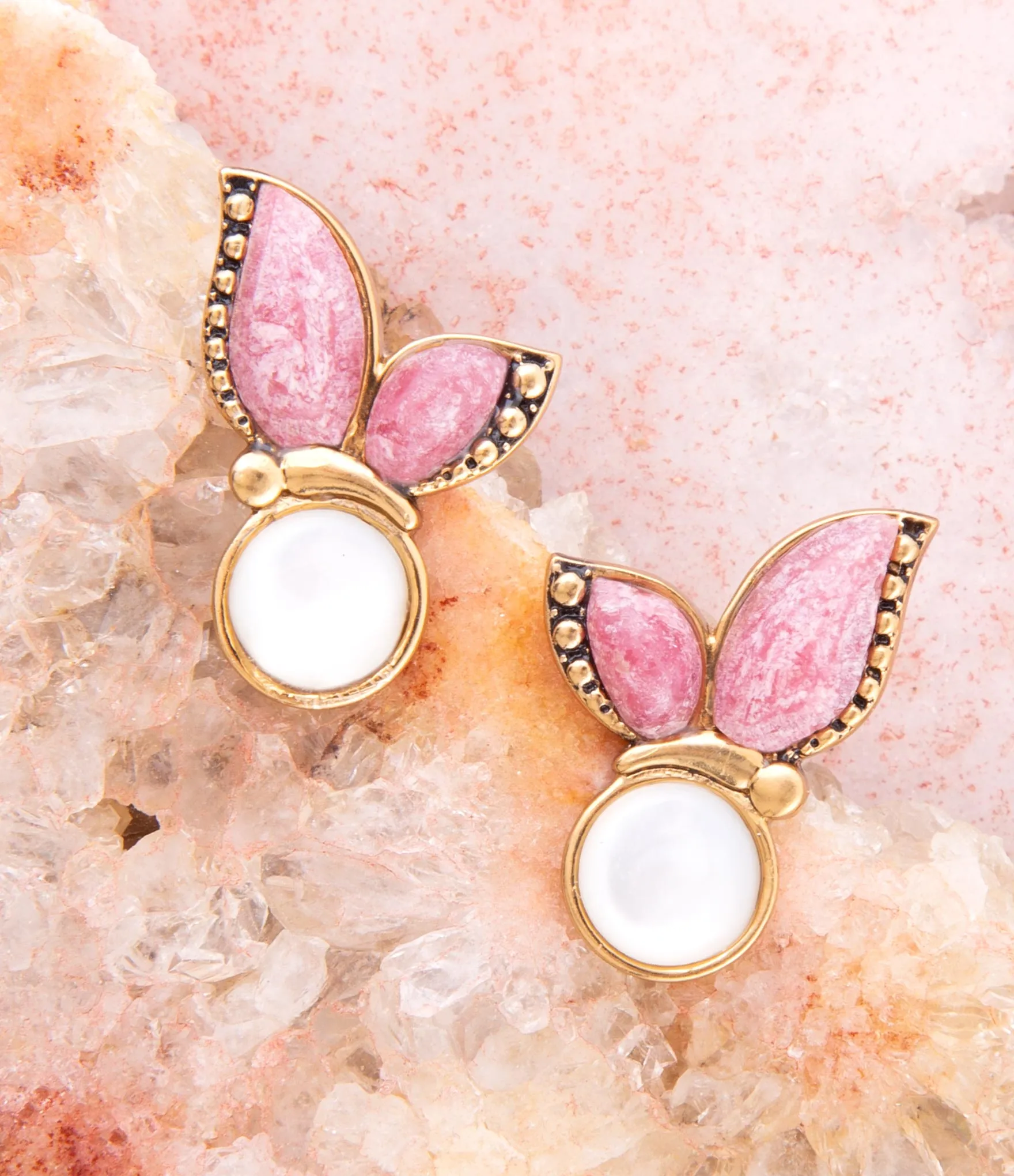 Pink Rhodonite and White Mother of Pearl Golden Butterflies Post Earrings sold by Barse product image thumbnail 3
