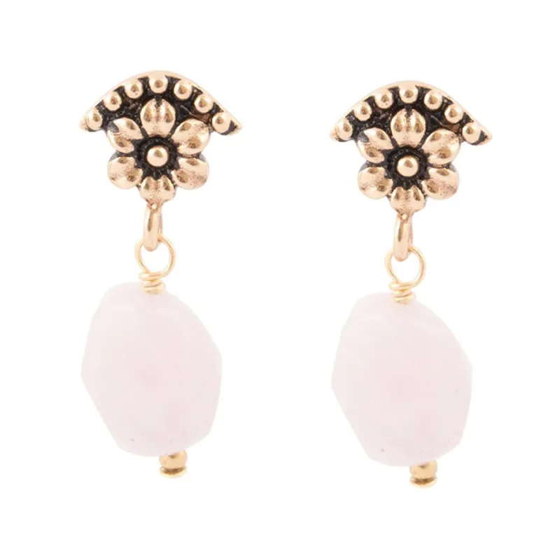 Pink Rose Quartz Golden Floral Drop Earrings sold by Barse