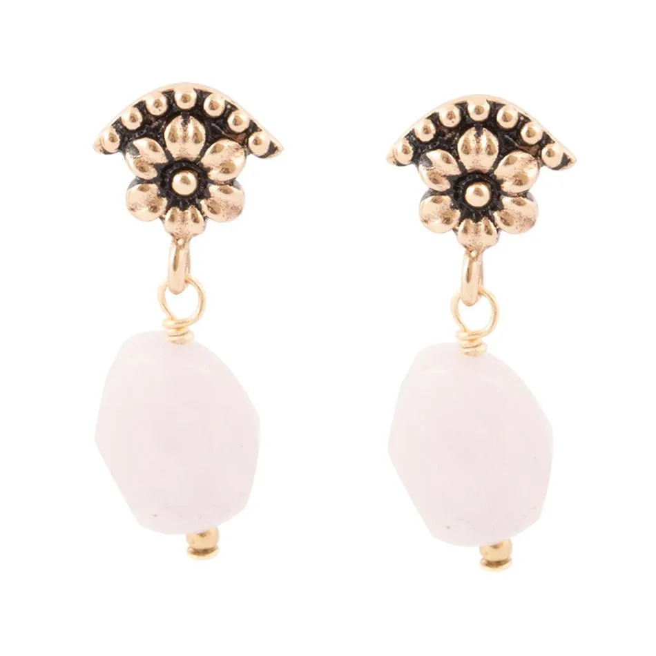 Pink Rose Quartz Golden Floral Drop Earrings sold by Barse
