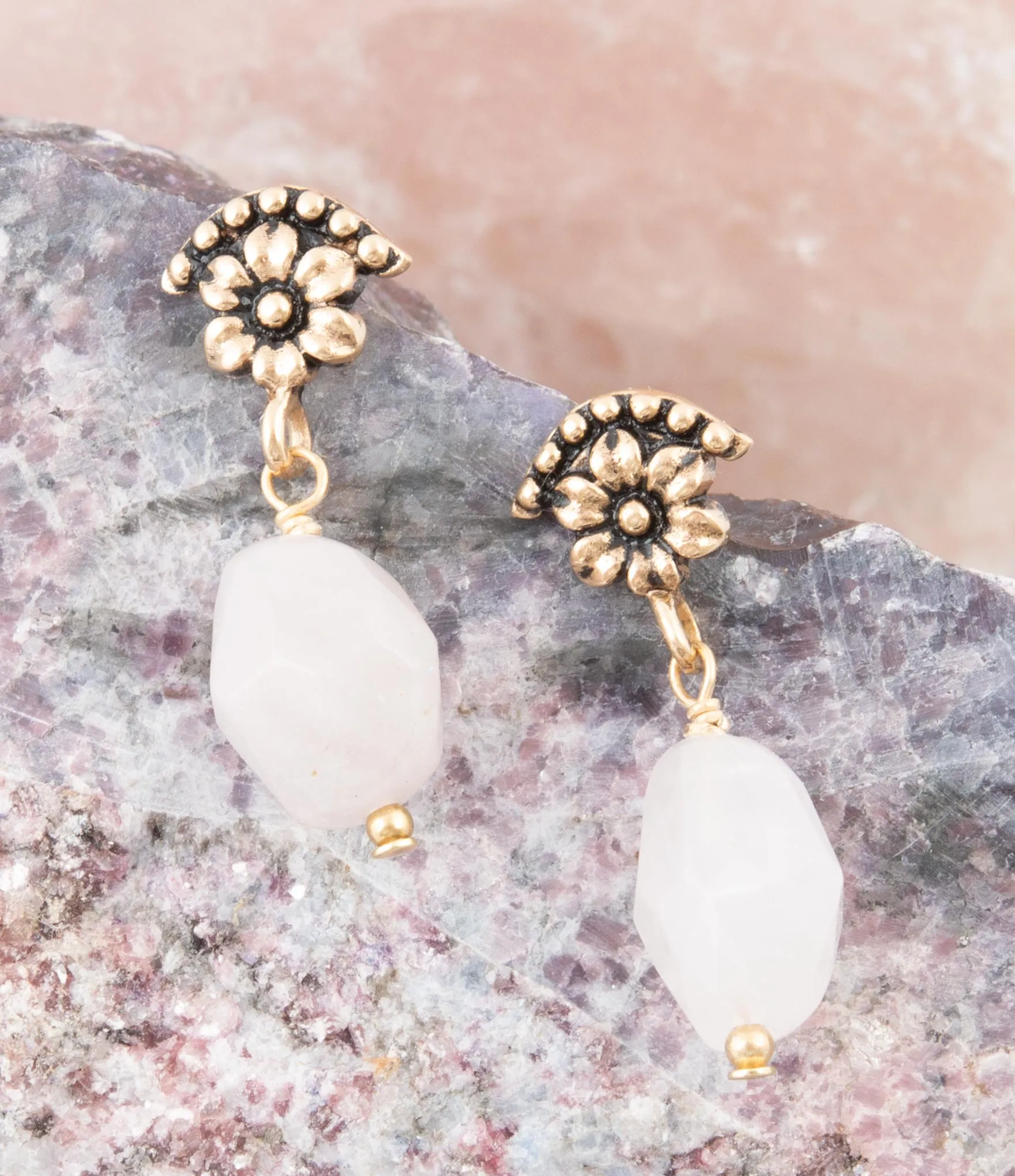 Pink Rose Quartz Golden Floral Drop Earrings sold by Barse product image thumbnail 2