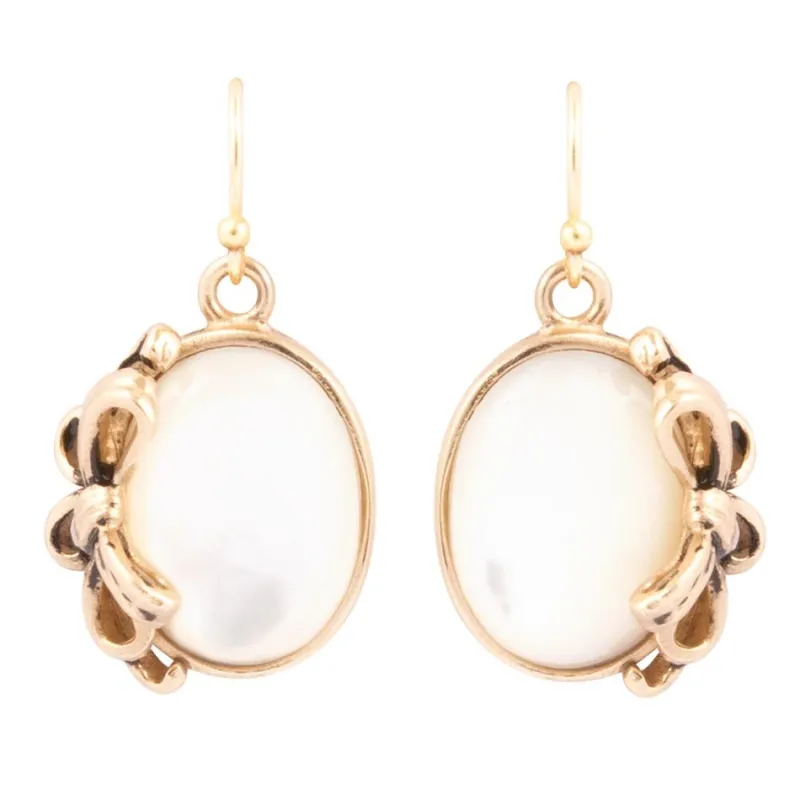 Gifted White Mother of Pearl Golden Bow Drop Earrings sold by Barse
