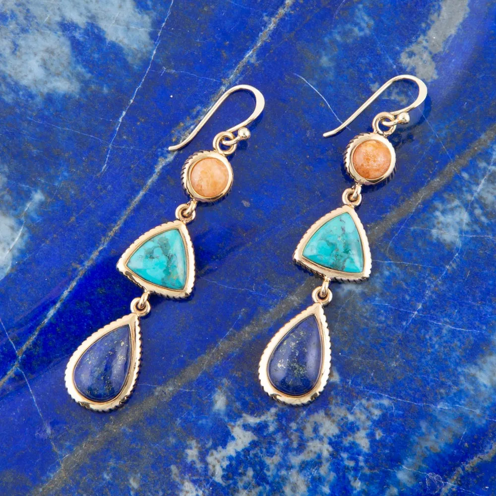 Blue Lapis, Turquoise and Orange Sponge Coral Golden Drop Earrings sold by Barse product image thumbnail 2