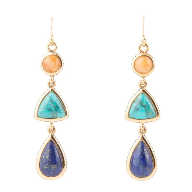 Blue Lapis, Turquoise and Orange Sponge Coral Golden Drop Earrings sold by Barse