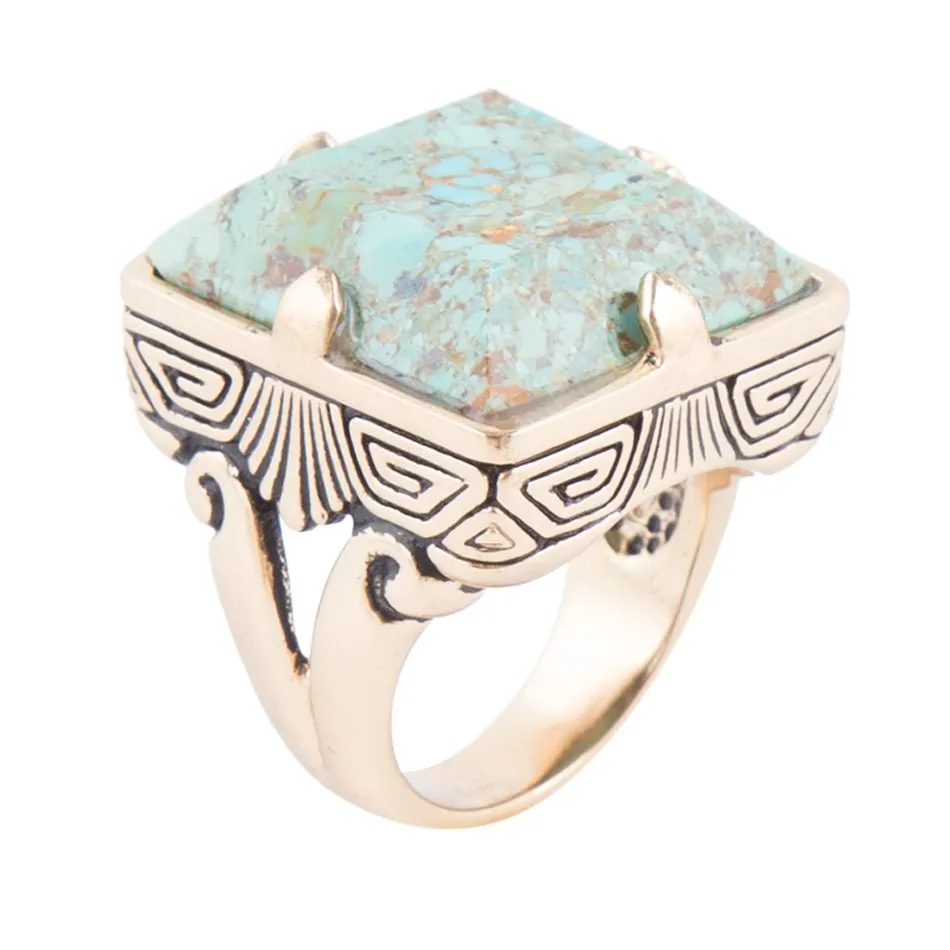Square Statement Blue Turquoise Golden Ring sold by Barse