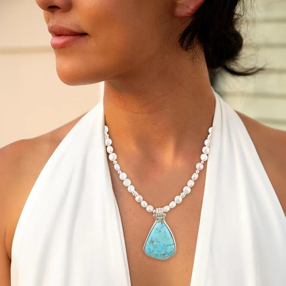 Blue Turquoise Pendant and White Pearl Sterling Silver Necklace sold by Barse product image thumbnail 2