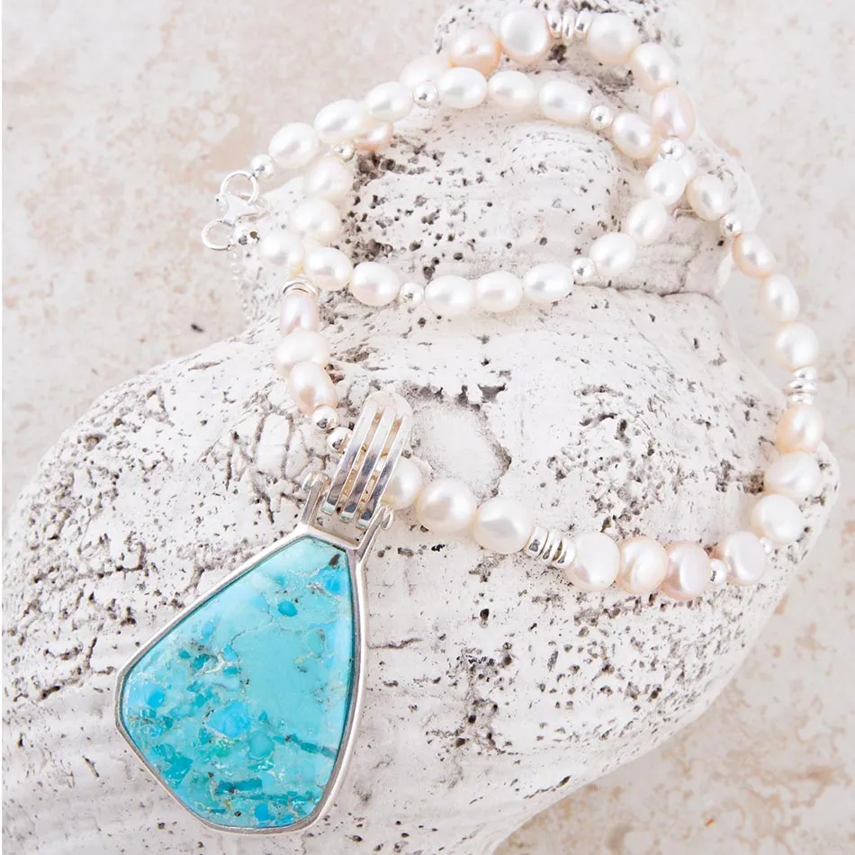 Blue Turquoise Pendant and White Pearl Sterling Silver Necklace sold by Barse product image thumbnail 3